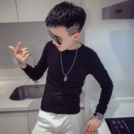 秋冬季新款男纯色圆领毛衣网红潮牌潮流时尚个性打底衫百搭针织衫商品大图