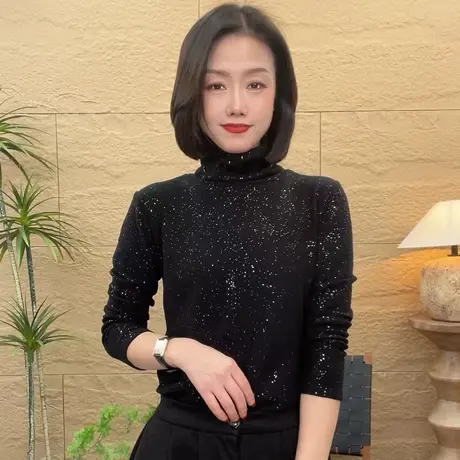 星空亮片德绒打底衫女秋冬半高领加绒加厚时尚洋气内搭亮闪闪上衣商品大图