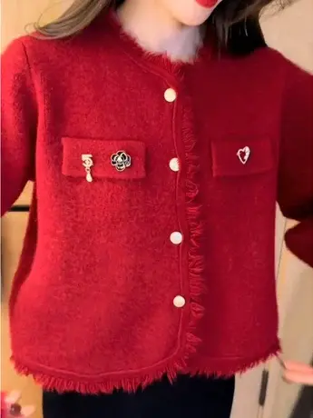 小香风温柔慵懒风针织开衫女秋冬新款宽松新年红色气质高级感毛衣图片