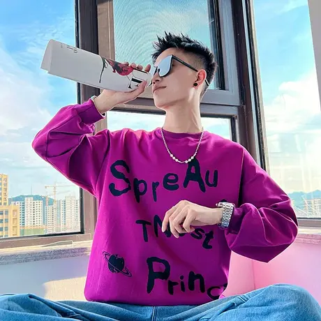 长袖T恤男情侣秋装潮牌ins街头宽松印花休闲卫衣新款套头衫上衣商品大图