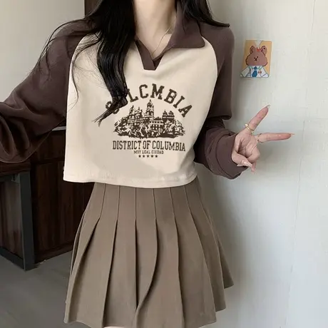 卫衣女秋冬2023韩版新款洋气小个子短款印花polo领长袖宽松上衣潮图片