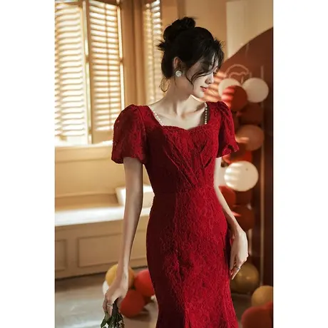 鱼尾敬酒服新娘夏季酒红色结婚订婚回门礼服连衣裙法式蕾丝高级感商品大图