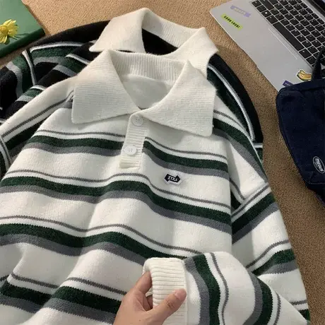 POLO领毛衣男秋冬潮牌撞色条纹翻领针织衫慵懒风柔软套头休闲外套商品大图