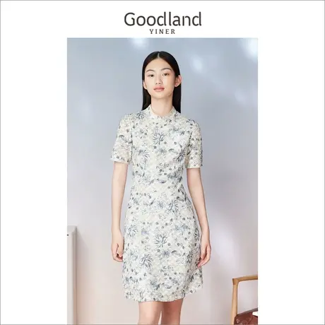 Goodland美地女装2023夏季新中式立领钉珠盘扣旗袍连衣裙商品大图