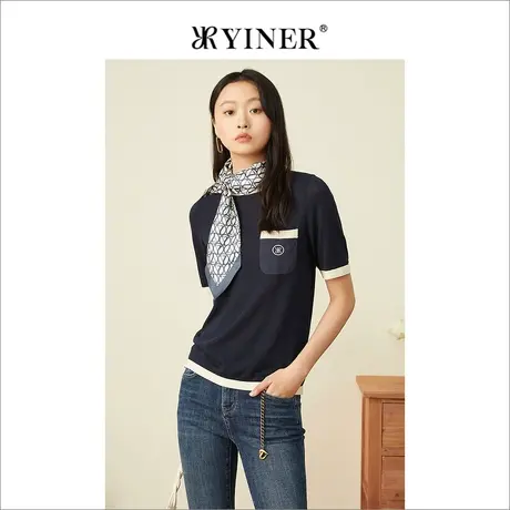 YINER音儿女装夏季法式优雅时尚撞色圆领针织衫套头商品大图