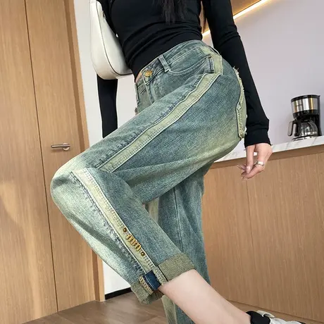 复古哈伦牛仔裤女2024年春秋新款设计感高腰显瘦直筒萝卜老爹裤潮商品大图