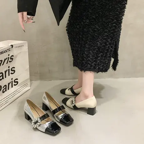 漆皮玛丽珍单鞋女2024年春秋新款粗跟拼色一字带水钻设计感高跟鞋图片