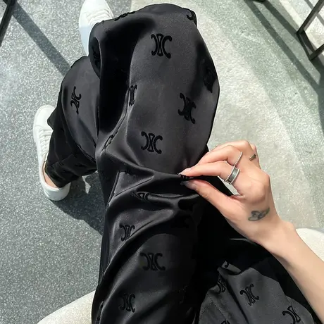 印花窄版阔腿裤女夏季薄款2024新款高腰垂感黑色醋酸冰丝直筒裤子商品大图