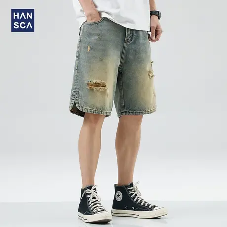 hansca黄泥染牛仔短裤男美式复古夏季宽松直筒潮牌水洗破洞五分裤商品大图