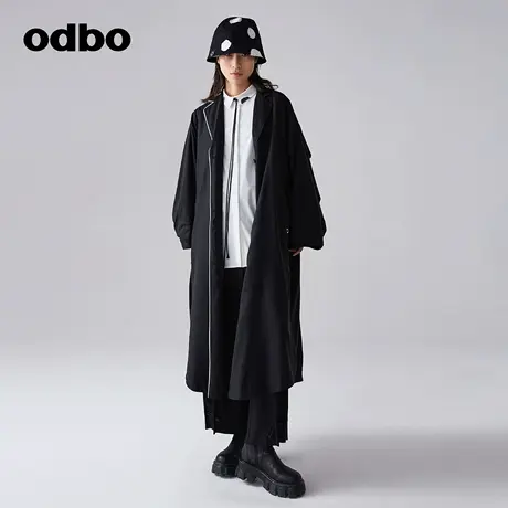 odbo/欧迪比欧时尚西装领黑色外套女春季新款设计感长款风衣外套图片