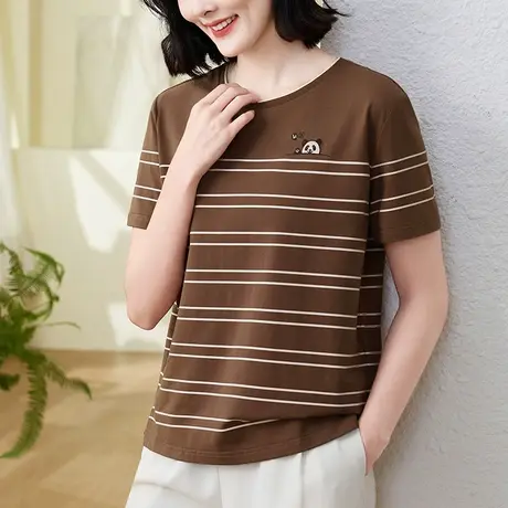 高级感刺绣纯棉t恤女2024新款洋气中年妈妈夏装显瘦大码短袖体恤图片