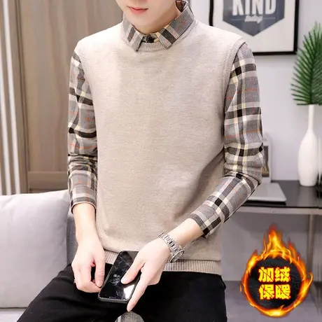 秋冬季长袖衬衫男士加绒加厚潮流格子衬衣韩版帅气假两件针织马甲商品大图