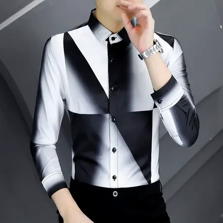 潮牌设计感渐变长袖衬衫男韩版秋季发型师个性痞帅气拼色修身衬衣商品大图