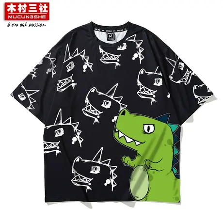 木村三社潮牌新品短袖T恤满印落肩男装宽松青少年情侣五分袖上衣商品大图