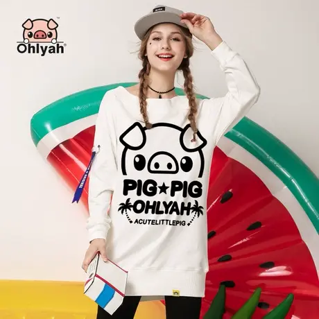 Ohlyah港风卡通卫衣女装中长款白色连衣裙慵懒风宽松一字领上衣服商品大图