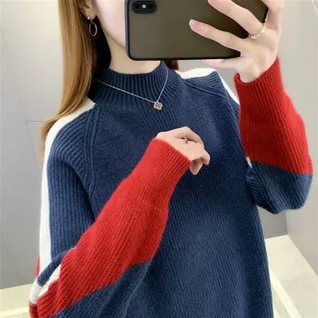 洋气半高领毛衣女秋冬加厚2021新款慵懒套头内搭针织打底衫女上衣图片