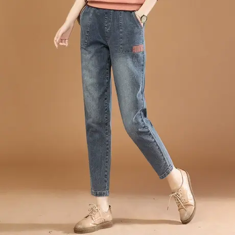韩潮袭人松紧腰磨白小脚牛仔长裤女2023秋季新款修身显瘦哈伦裤图片
