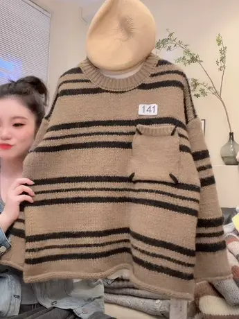 秋冬新款韩版宽松条纹显瘦小众设计感时尚针织套头毛衣百搭上衣洋商品大图