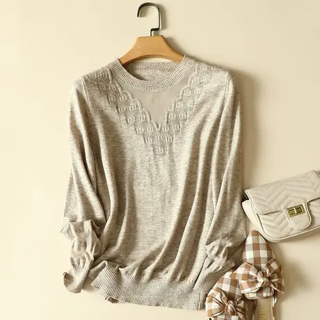 春装2023年新款女士针织衫蕾丝镂空毛衣女装洋气爆款内搭打底上衣图片