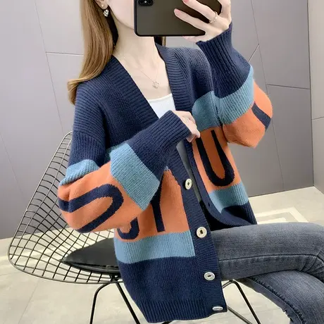 女士毛衣外套2023年新款韩版慵懒风字母提花针织开衫宽松外穿上衣图片