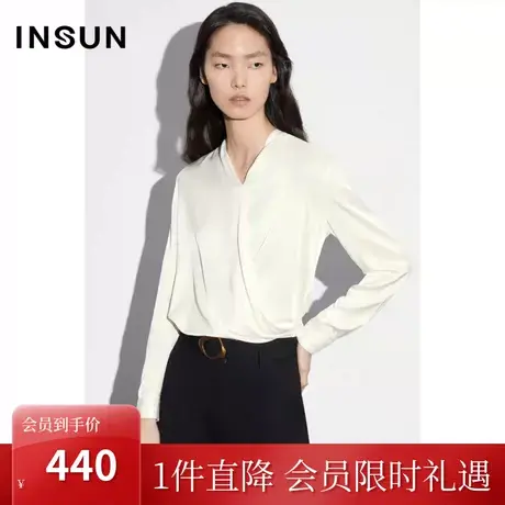 恩裳COVER2023春新款优雅v领桑蚕丝衬衫女交叠罗马褶真丝弹力上衣图片