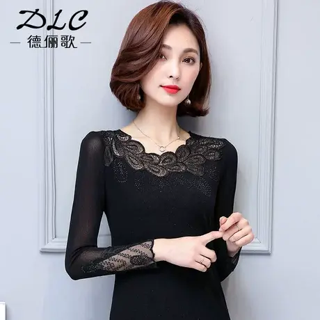 蕾丝打底衫女春秋黑色低领内搭长袖薄款T恤洋气小衫百搭网纱上衣商品大图