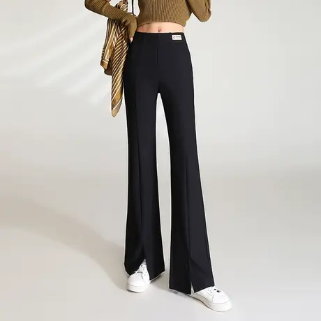黑色开叉喇叭裤女2023新款高腰显瘦修身弹力微喇裤马蹄拖地长裤子图片