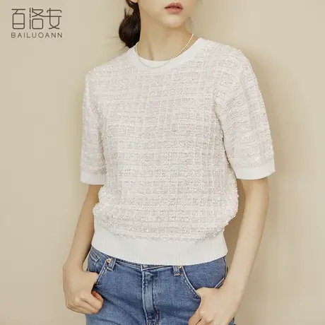 百洛安圆领短袖针织衫上衣女2023夏季新款时尚宽松百搭套头T恤薄图片