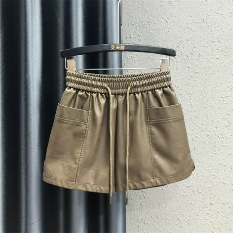 2023秋季新款咖啡色松紧腰抽绳PU皮短裤女百搭外穿宽松显瘦阔腿裤商品大图