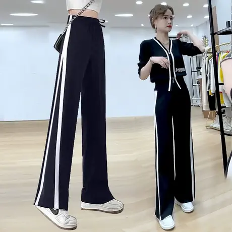 白色阔腿裤女2023年新款春秋高腰垂感休闲运动裤夏天显瘦直筒裤子图片