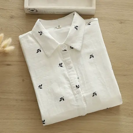 春秋装日系文艺小清新碎花双层纱纯棉长袖衬衫女宽松百搭打底上衣商品大图