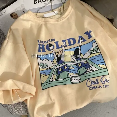 网红ins超火自留款~春夏宽松印花设计感个性气质短袖T恤上衣女潮商品大图