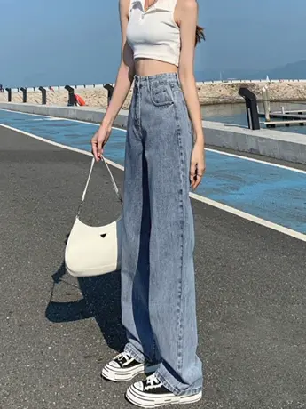 清仓捡漏高腰阔腿裤牛仔裤女春秋2023年新款宽松显瘦垂感拖地裤商品大图