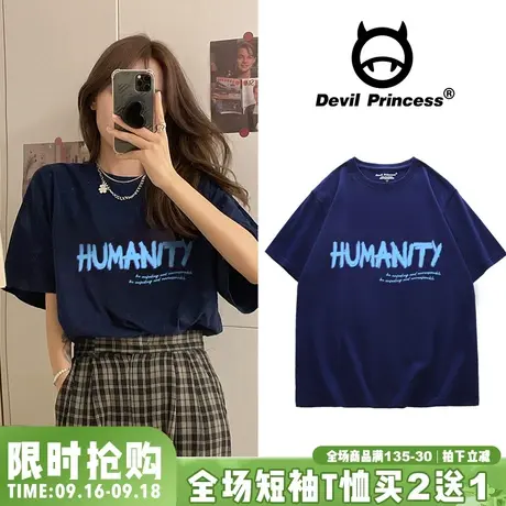 Vintage美式复古藏蓝色短袖T恤潮ins小众夏季纯棉甜美遮屁股上衣商品大图