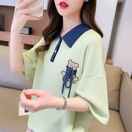 小众设计感短袖t恤女2023新款夏季韩版宽松撞色翻领polo领上衣服图片