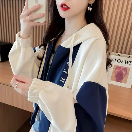 早秋设计感外套女2023新款春秋韩版宽松薄款初秋撞色短款开衫卫衣商品大图