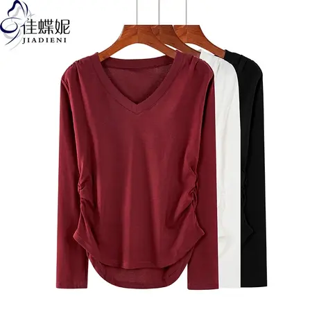 秋冬新款V领修身褶皱纯欲下摆圆弧纯棉纯色长袖体恤上衣女打底衫商品大图