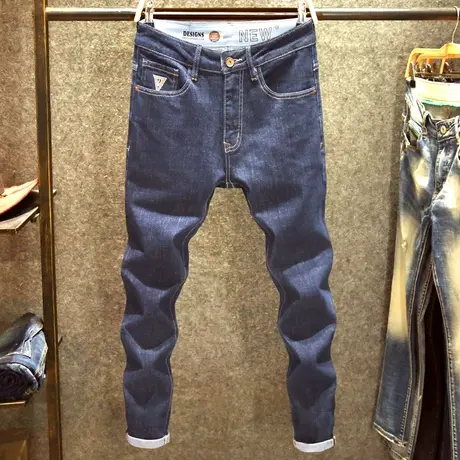 深蓝色百搭牛仔裤男秋冬款修身小脚裤新品时尚潮牌棉弹舒适长裤子商品大图