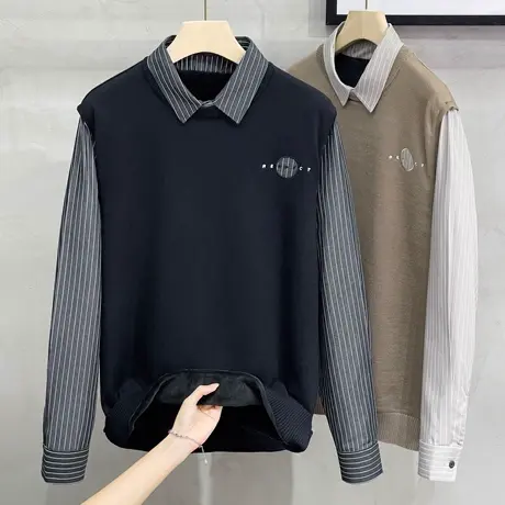 秋冬季假两件毛衣男士衬衫领韩版潮流商务休闲小刺绣男针织衫上衣商品大图