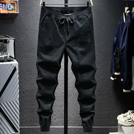 春季新款简约潮牌黑色高档休闲裤男韩版潮流宽松束脚裤子男小脚裤商品大图