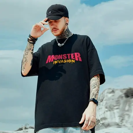 2023新款简约短袖T恤男加肥加大码宽松纯棉半袖胖子字母潮流夏季商品大图