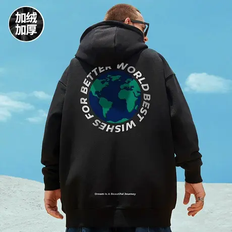 2023春秋季oversize帽衫ins胖子宽松加绒加肥加大连帽卫衣男外套商品大图