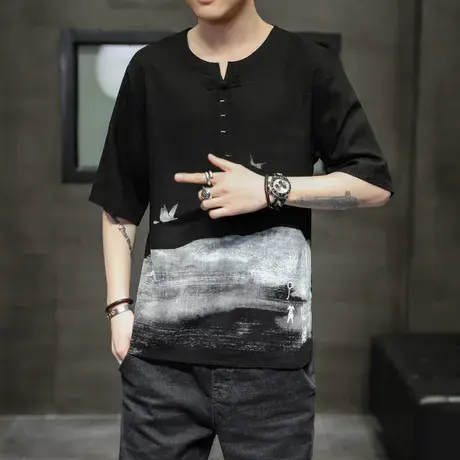 夏季男大码复古T恤圆领印花百搭中国风短袖衬衫宽松透气半袖体恤商品大图