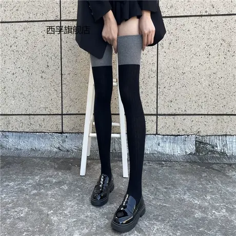秋冬拼色过膝袜子长筒ins潮网红款纯棉高筒袜女JK大腿袜图片