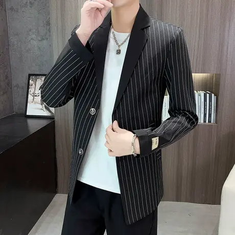 秋季个性新款男士条纹小西服发型师韩版修身西装潮牌ins休闲外套图片