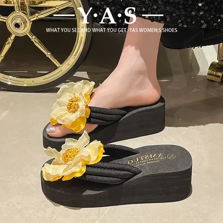 沙滩鞋凉拖鞋女夏季外穿坡跟防滑海边夹脚高跟厚底时尚百搭人字拖图片