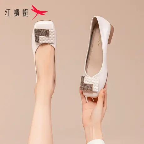 红蜻蜓法式单鞋女2023新款秋冬低跟鞋子软皮软底方头气质浅口女鞋商品大图