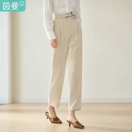 茵曼2023春女装新款通勤休闲百搭本布腰带装饰布包哈伦长裤休闲裤图片