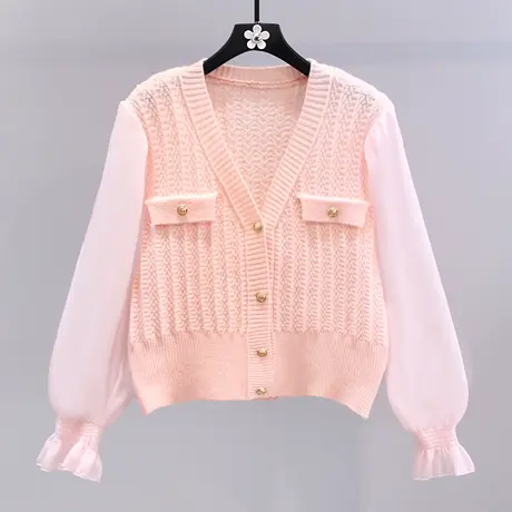 小香风V领雪纺拼接针织开衫女2023年春装新款高级感显瘦长袖上衣图片