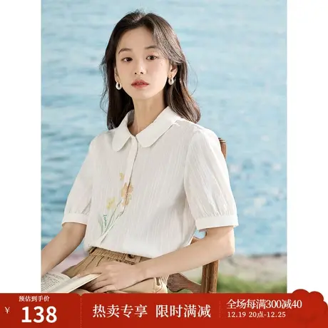 【商场同款】茵曼重工艺花卉短袖衬衣2023夏季女装新款小翻领上衣图片
